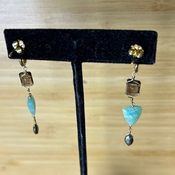 Gold Over Sterling Earrings w/ Amazonite, Smoky Quartz & Hematite - Picture 3 of 4
